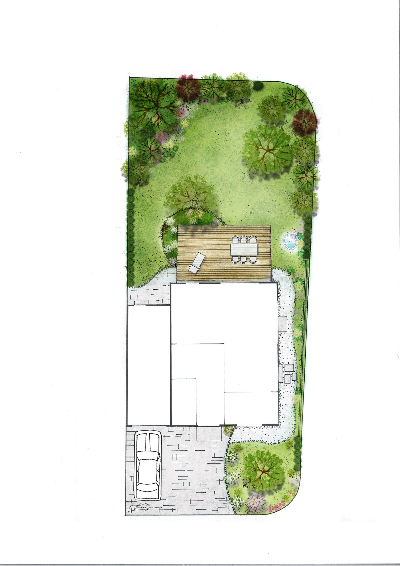Farbig gezeichneter Lageplan eines Gartens