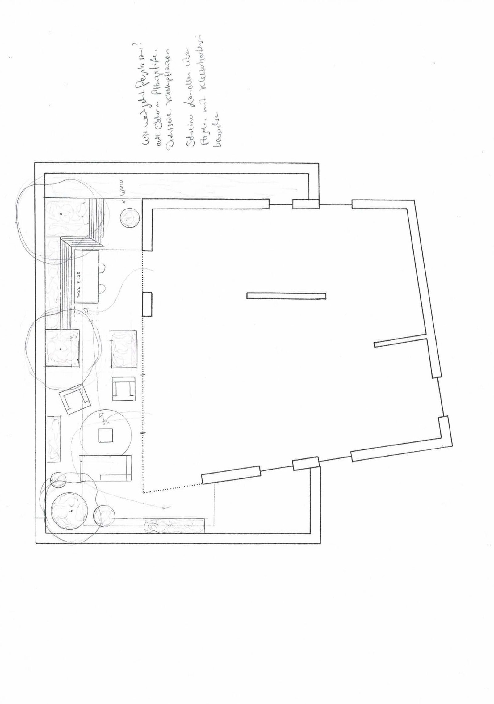 Handskizze eines Grundrisses mit Terrasse und Sitzbereichen