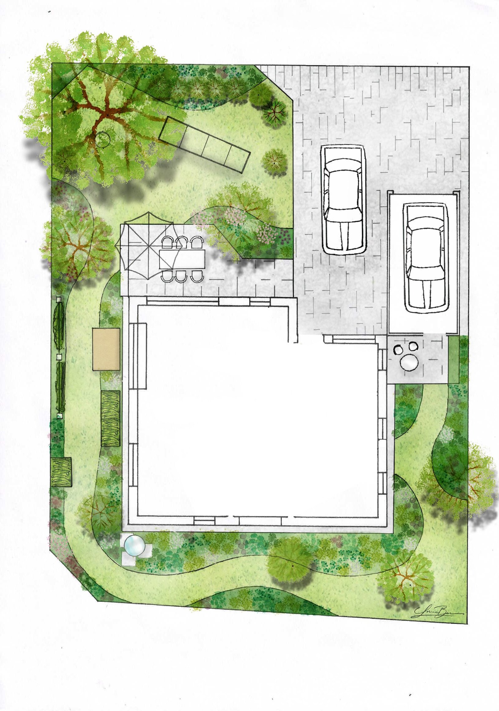 Farbig gezeichneter Gartenplan mit Haus, Einfahrt, Wegen und Pflanzflächen
